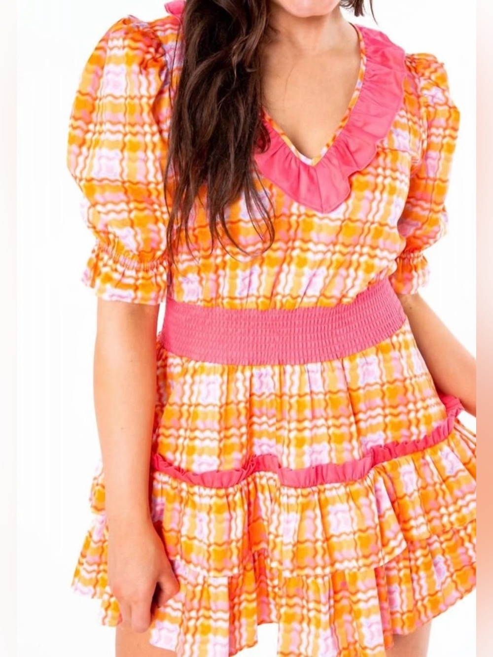 Alden Adair Ruffle Tiered Mini Dress Pink Orange Print Smocked Waist Size M